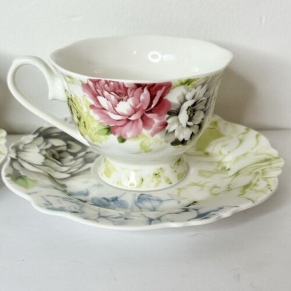 Pulchritudie Eileen's Peony set of 2 teacups & saucers Pink Blue Green 3 in - Picture 8 of 15